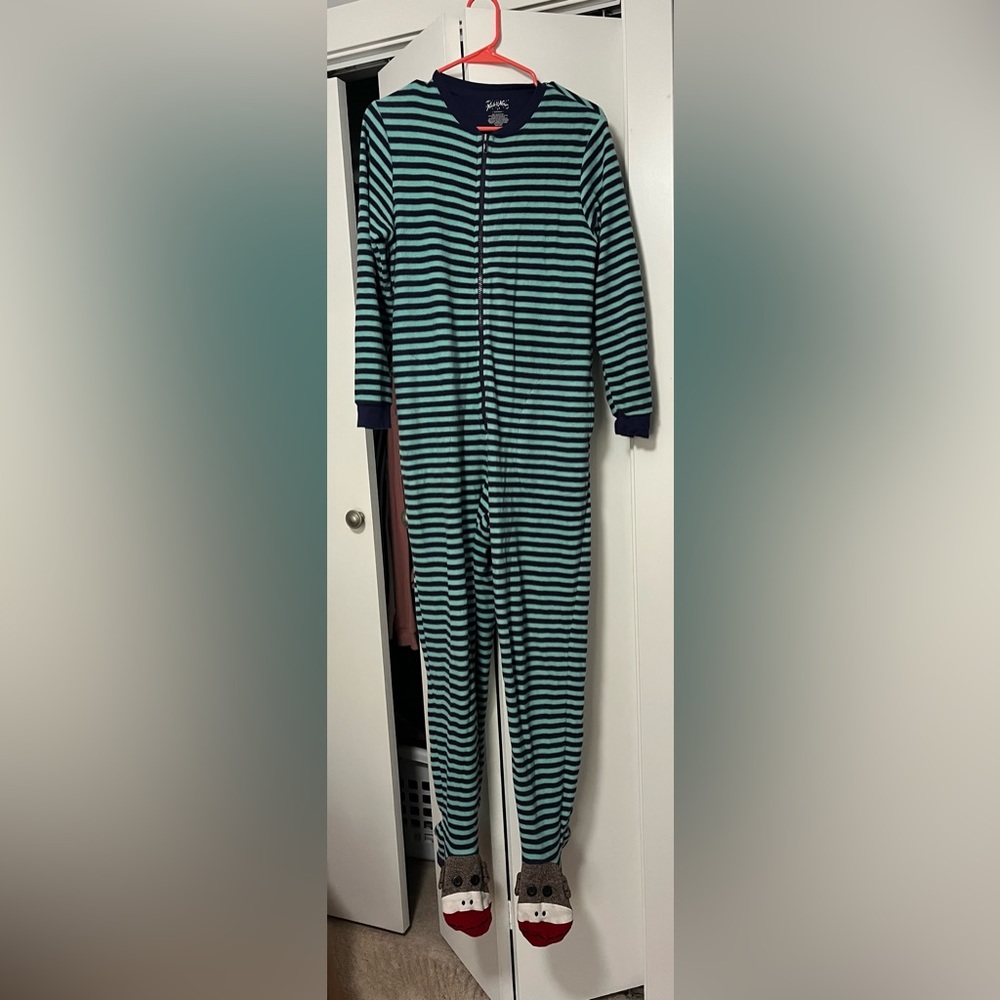 RARE NICK & NORA ADULT BLUE STRIPE FOOTIE SOCK MONKEY PAJAMAS SIZE SMALL